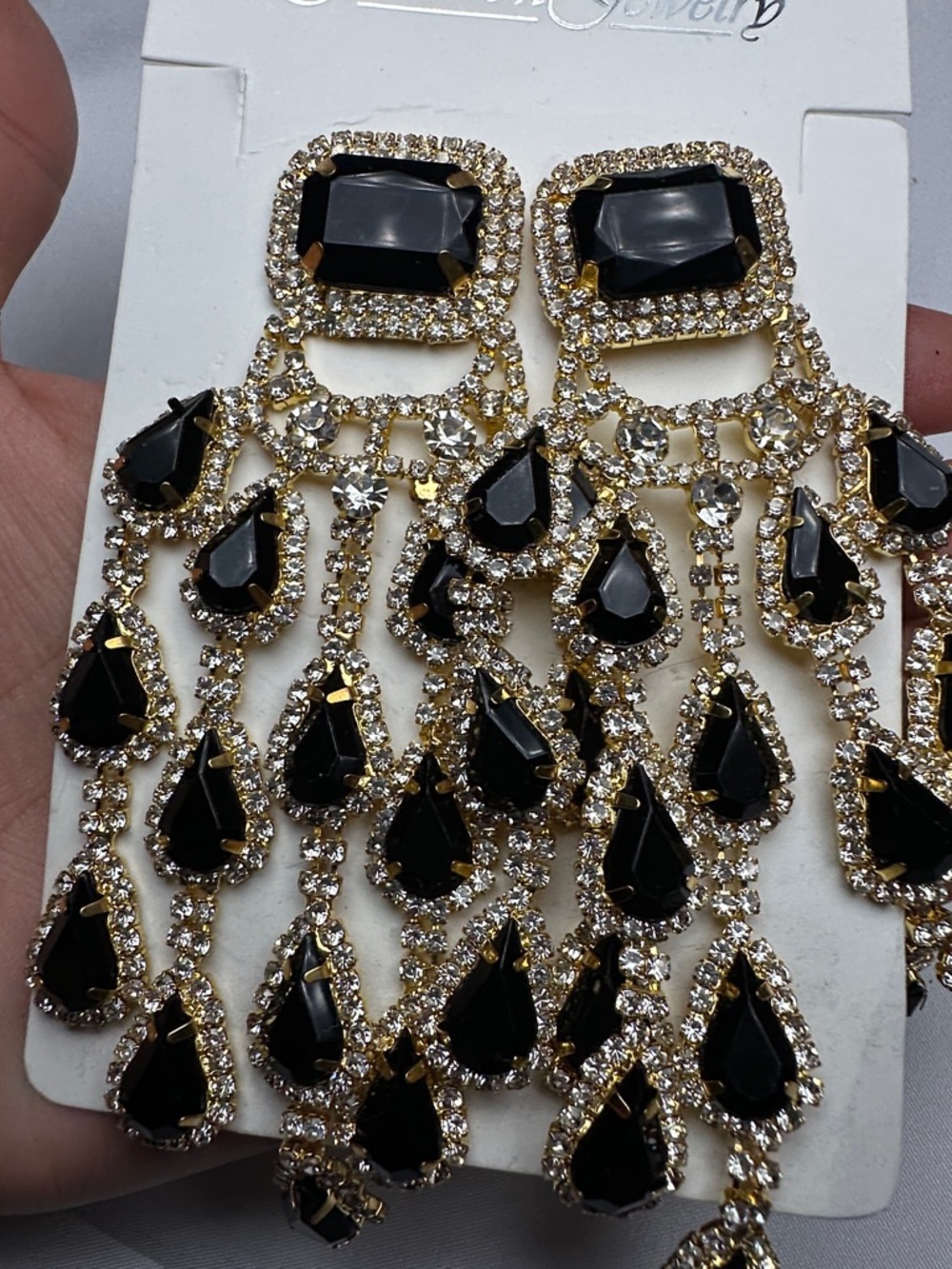 4.75” Luxury Gold Black Crystal (plastic) Chandelier Earrings